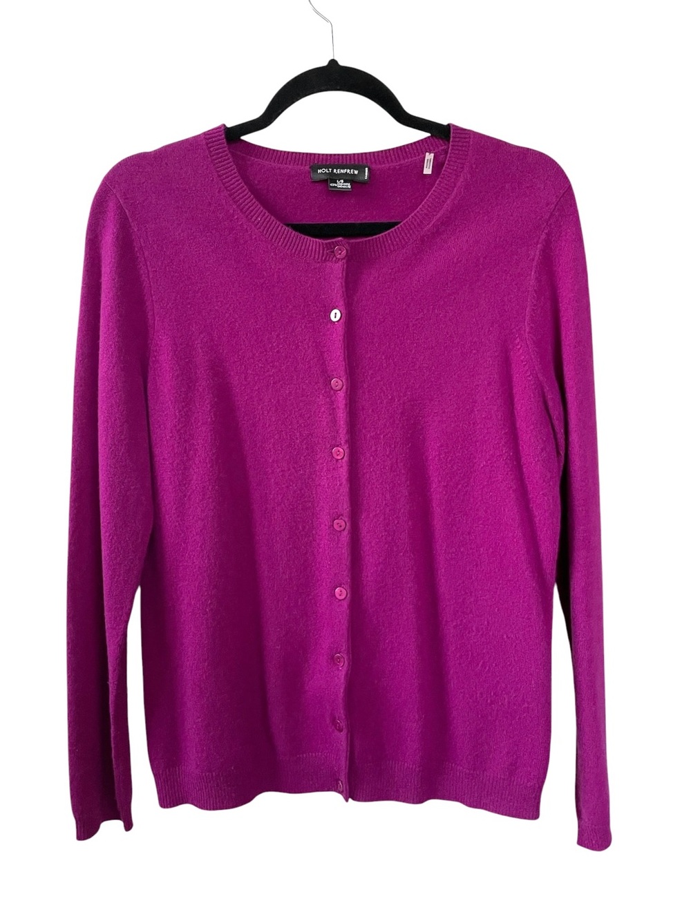 HOLT RENFREW Cashmere Crewneck Button Cardigan Sweater Magenta Purple L - Picture 2 of 8